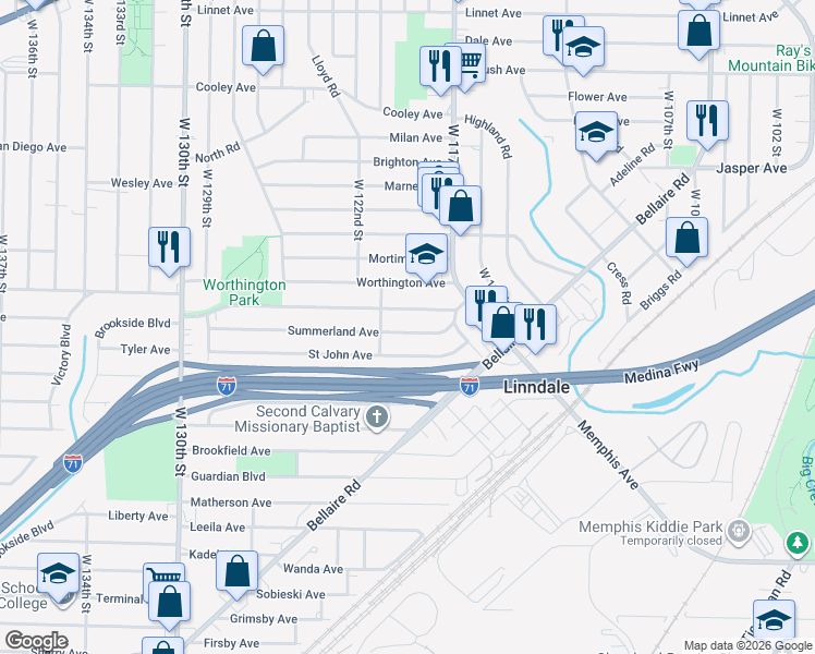map of restaurants, bars, coffee shops, grocery stores, and more near 11912 Saint John Avenue in Cleveland
