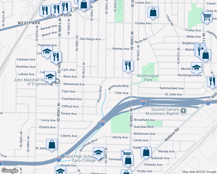 map of restaurants, bars, coffee shops, grocery stores, and more near 3934 Brookside Boulevard in Cleveland