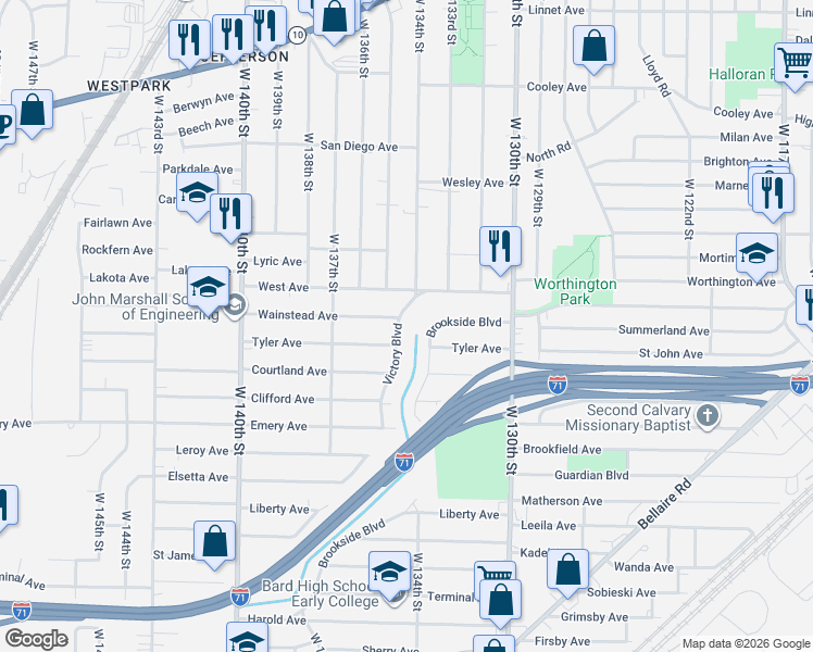 map of restaurants, bars, coffee shops, grocery stores, and more near 3962 Victory Boulevard in Cleveland