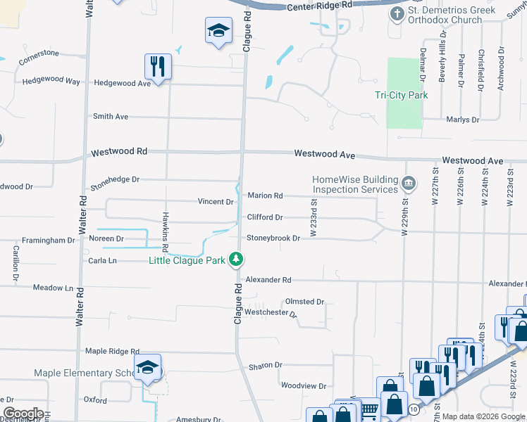 map of restaurants, bars, coffee shops, grocery stores, and more near 23565 Clifford Drive in North Olmsted