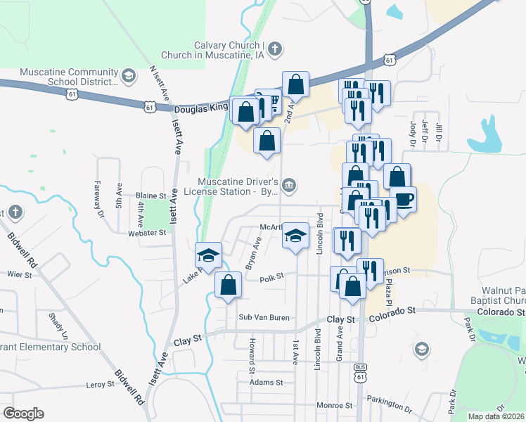 map of restaurants, bars, coffee shops, grocery stores, and more near 519 McArthur Street in Muscatine