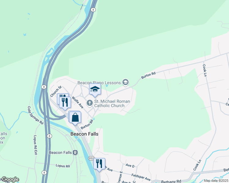 map of restaurants, bars, coffee shops, grocery stores, and more near 136 Burton Road in Beacon Falls