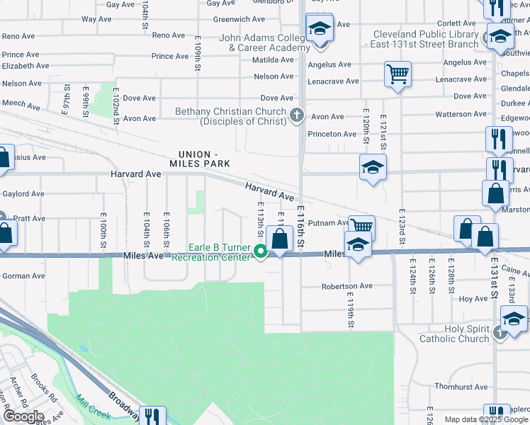 map of restaurants, bars, coffee shops, grocery stores, and more near 4113 East 113th Street in Cleveland