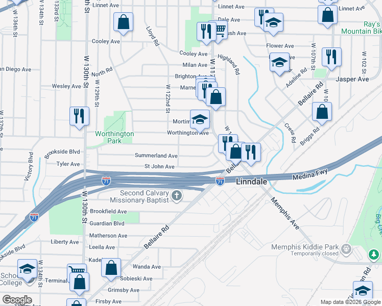 map of restaurants, bars, coffee shops, grocery stores, and more near 11912 Saint John Avenue in Cleveland