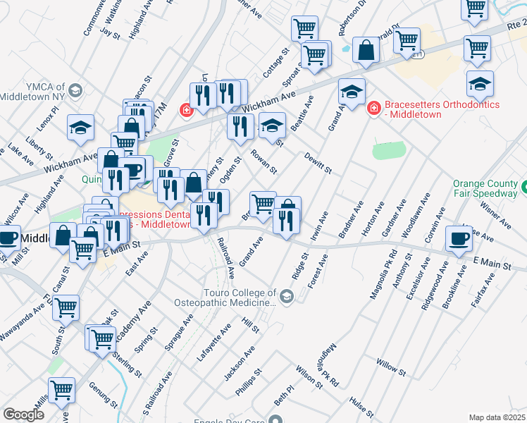 map of restaurants, bars, coffee shops, grocery stores, and more near 225 East Main Street in Middletown