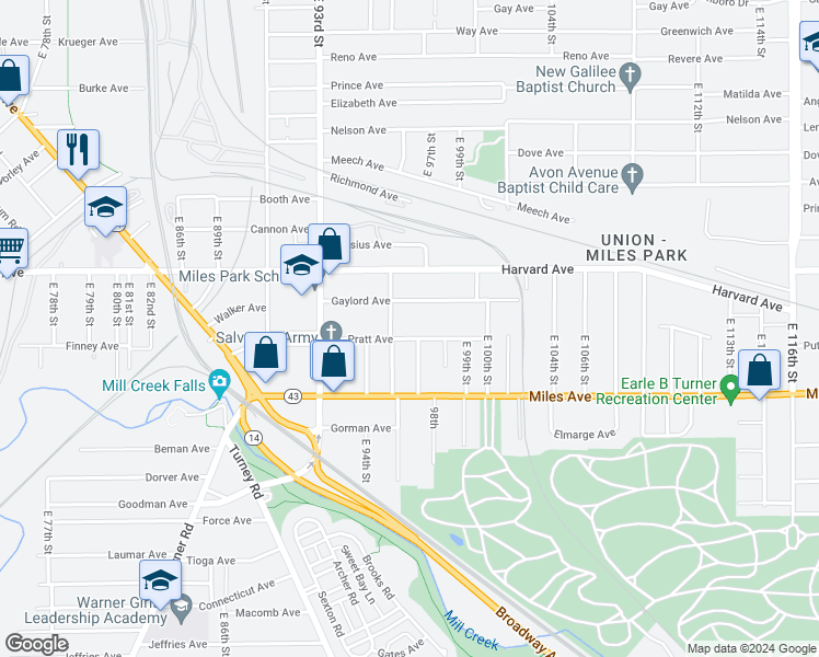 map of restaurants, bars, coffee shops, grocery stores, and more near 9607 Pratt Avenue in Cleveland
