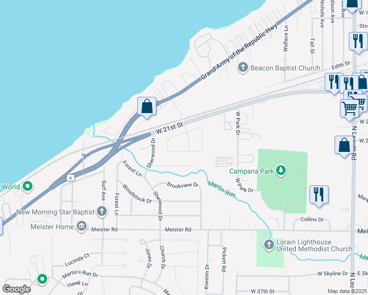 map of restaurants, bars, coffee shops, grocery stores, and more near 3806 South Hogan Drive in Lorain