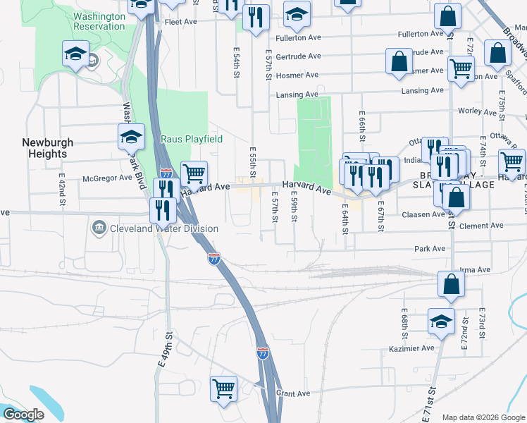 map of restaurants, bars, coffee shops, grocery stores, and more near 4114 East 56th Street in Cleveland