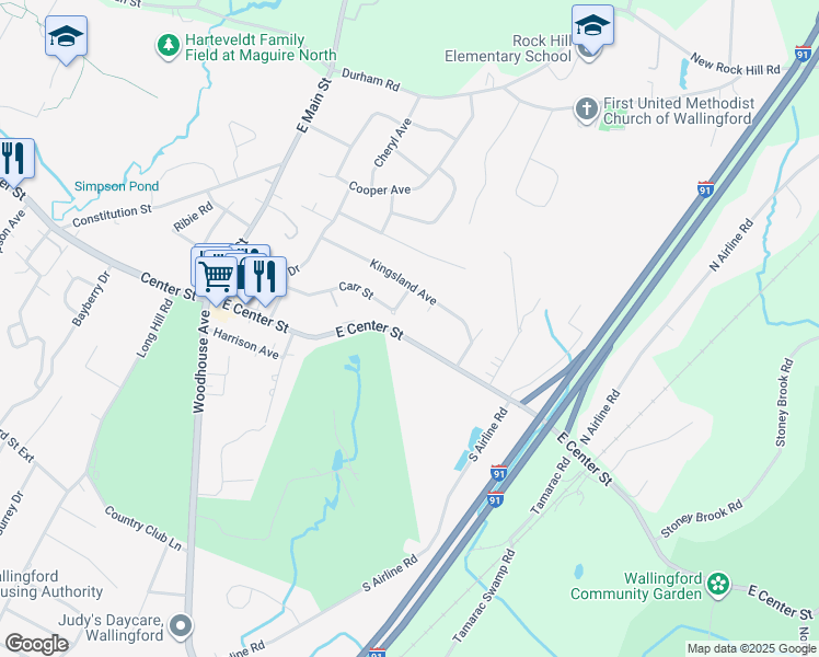 map of restaurants, bars, coffee shops, grocery stores, and more near 894 East Center Street in Wallingford