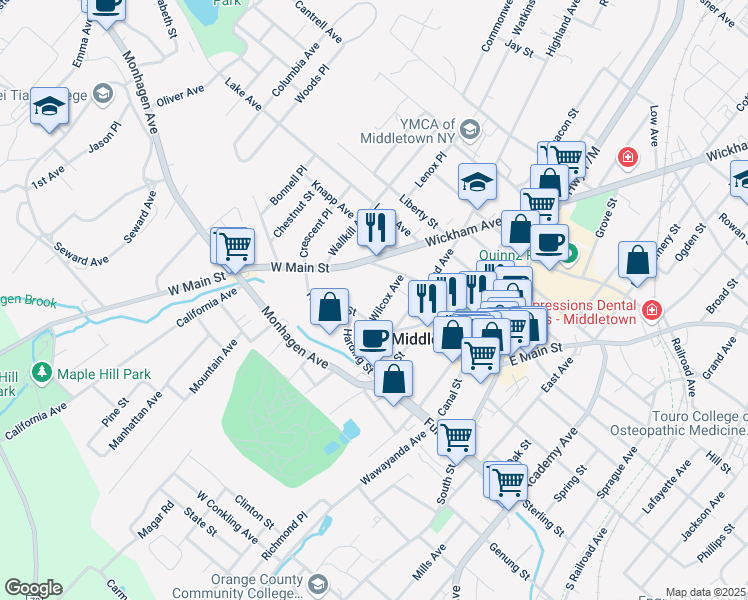 map of restaurants, bars, coffee shops, grocery stores, and more near 36 Hanford Street in Middletown