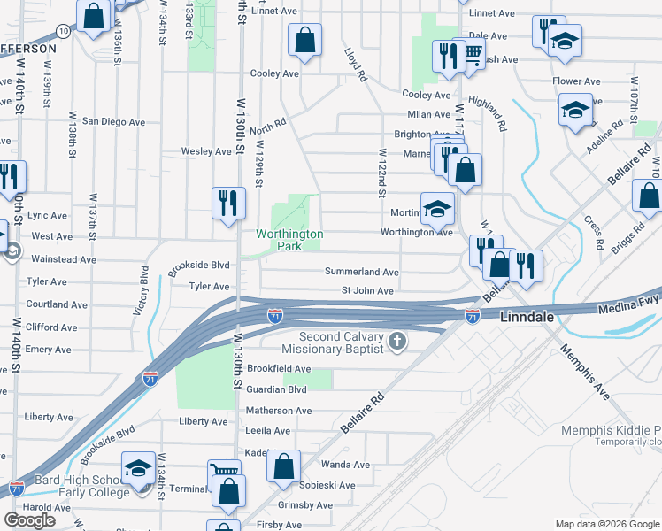 map of restaurants, bars, coffee shops, grocery stores, and more near 12604 Saint John Avenue in Cleveland