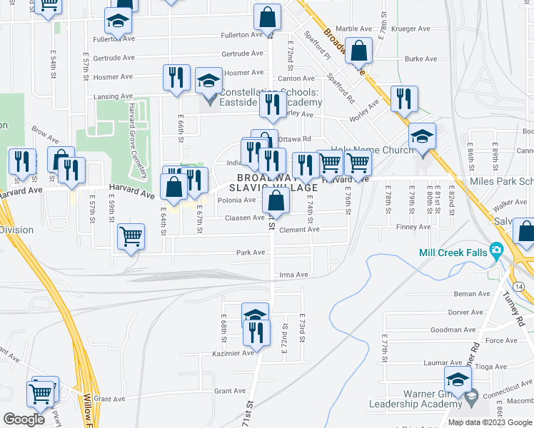 map of restaurants, bars, coffee shops, grocery stores, and more near 4098 East 71st Street in Cleveland