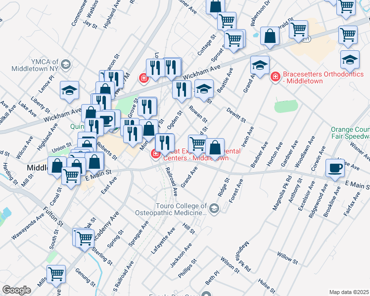 map of restaurants, bars, coffee shops, grocery stores, and more near 225 East Main Street in Middletown