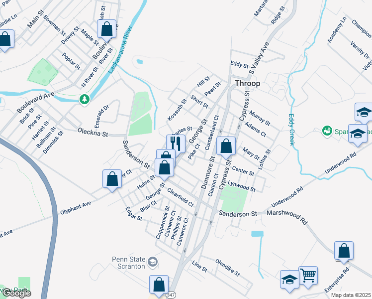 map of restaurants, bars, coffee shops, grocery stores, and more near Elk Ct in Throop