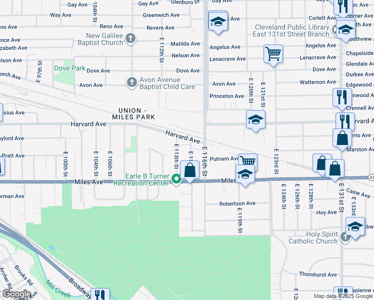 map of restaurants, bars, coffee shops, grocery stores, and more near 4140 East 114th Street in Cleveland