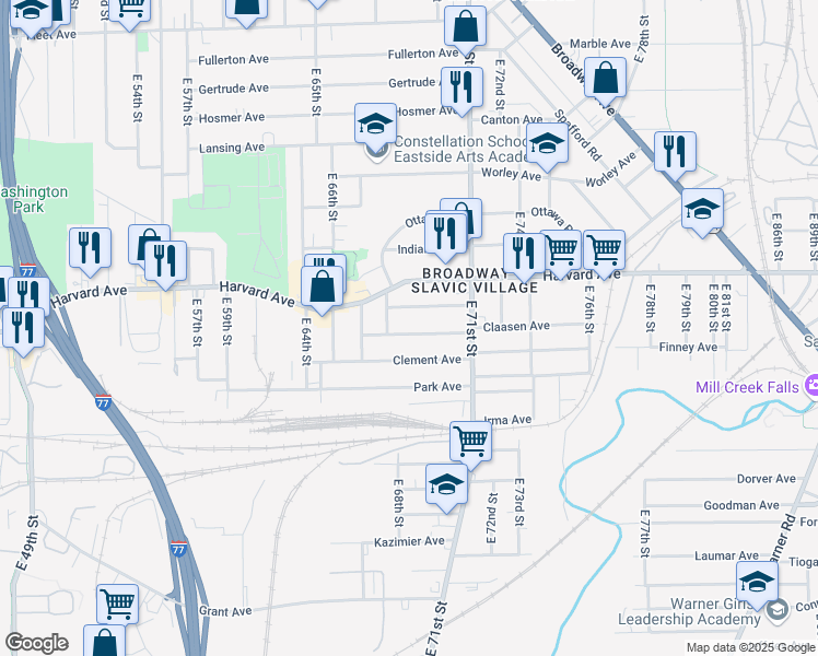 map of restaurants, bars, coffee shops, grocery stores, and more near 6801 Clement Avenue in Cleveland