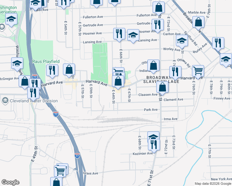map of restaurants, bars, coffee shops, grocery stores, and more near 4097 East 64th Street in Cleveland