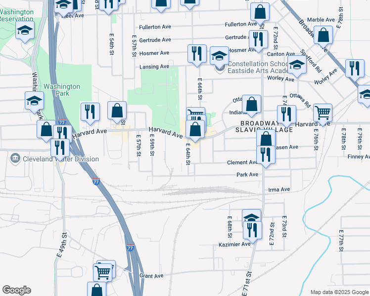 map of restaurants, bars, coffee shops, grocery stores, and more near 4097 East 64th Street in Cleveland