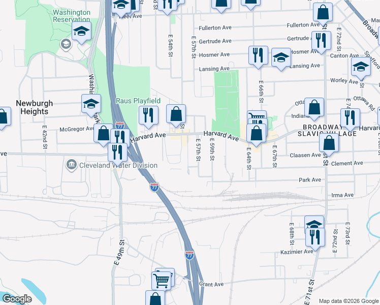map of restaurants, bars, coffee shops, grocery stores, and more near 4114 East 56th Street in Cleveland