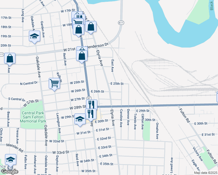 map of restaurants, bars, coffee shops, grocery stores, and more near 2602 Elyria Avenue in Lorain