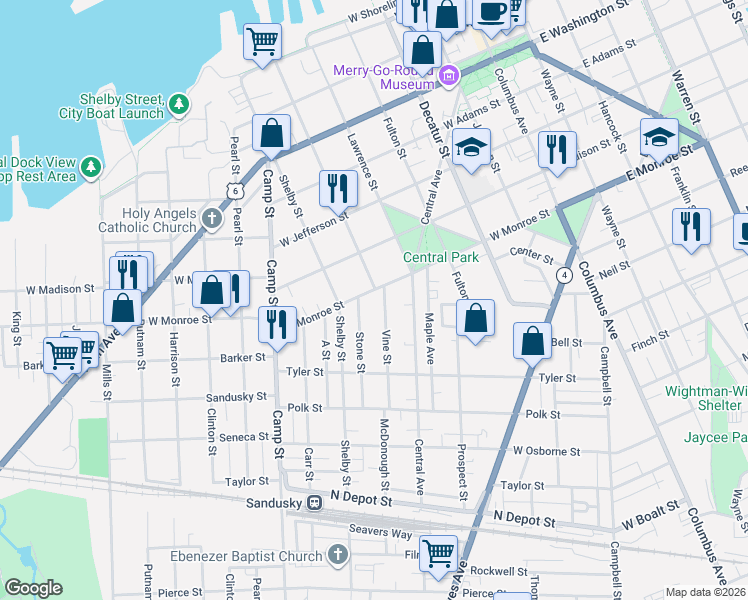 map of restaurants, bars, coffee shops, grocery stores, and more near 913 Vine Street in Sandusky