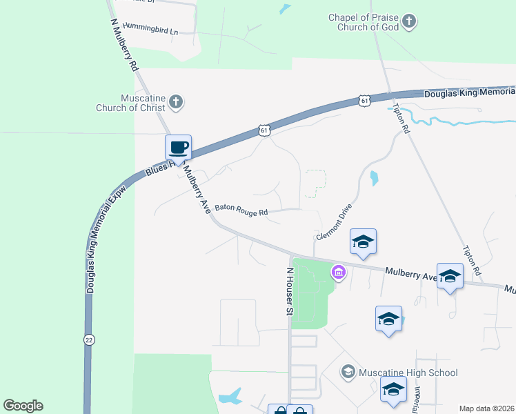 map of restaurants, bars, coffee shops, grocery stores, and more near 3322 Baton Rouge Road in Muscatine
