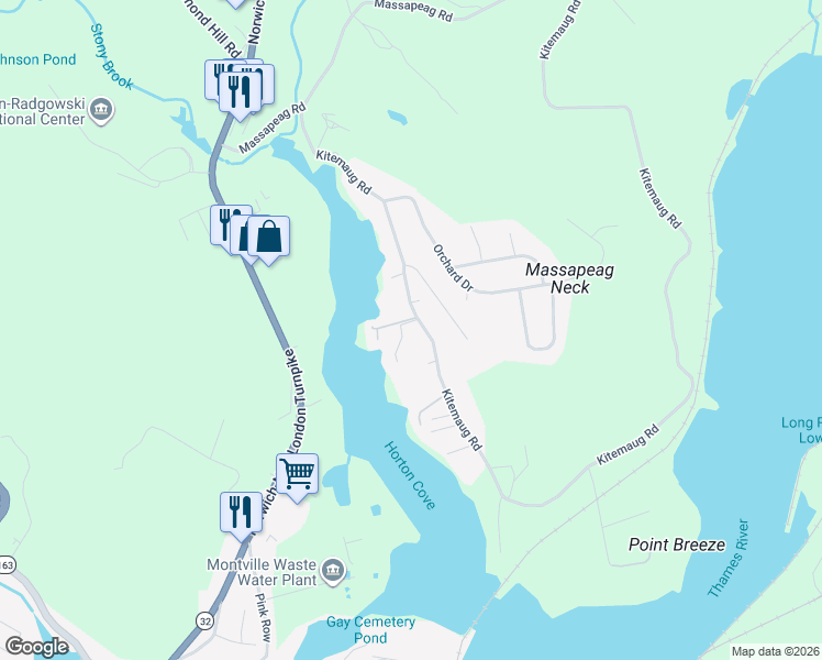 map of restaurants, bars, coffee shops, grocery stores, and more near 135 Kitemaug Road in Montville