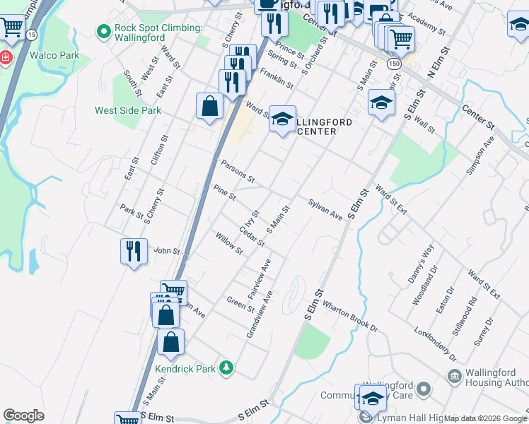 map of restaurants, bars, coffee shops, grocery stores, and more near 353 South Main Street in Wallingford