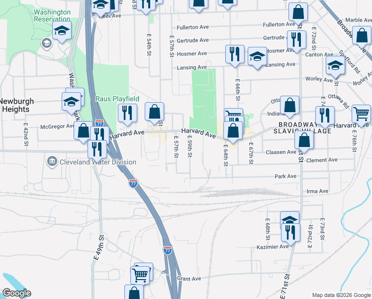 map of restaurants, bars, coffee shops, grocery stores, and more near 4115 East 57th Street in Cleveland