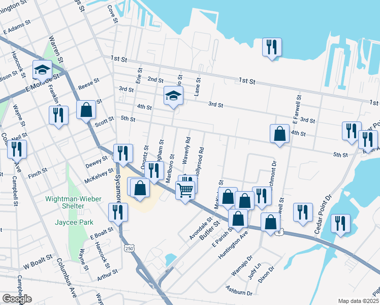 map of restaurants, bars, coffee shops, grocery stores, and more near 1311 Waverly Road in Sandusky