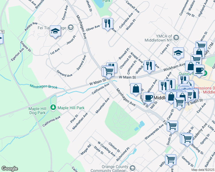 map of restaurants, bars, coffee shops, grocery stores, and more near 12 California Avenue in Middletown