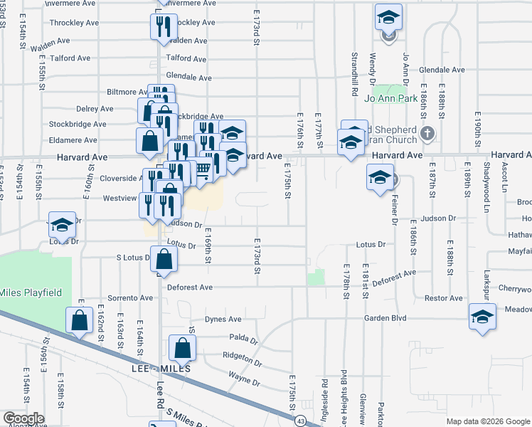 map of restaurants, bars, coffee shops, grocery stores, and more near 17324 Judson Drive in Cleveland