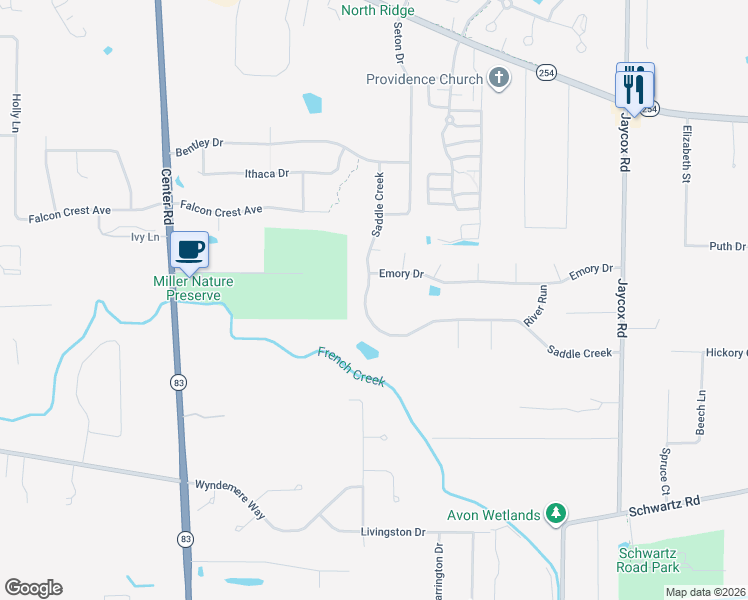 map of restaurants, bars, coffee shops, grocery stores, and more near 35401 Saddle Creek in Avon