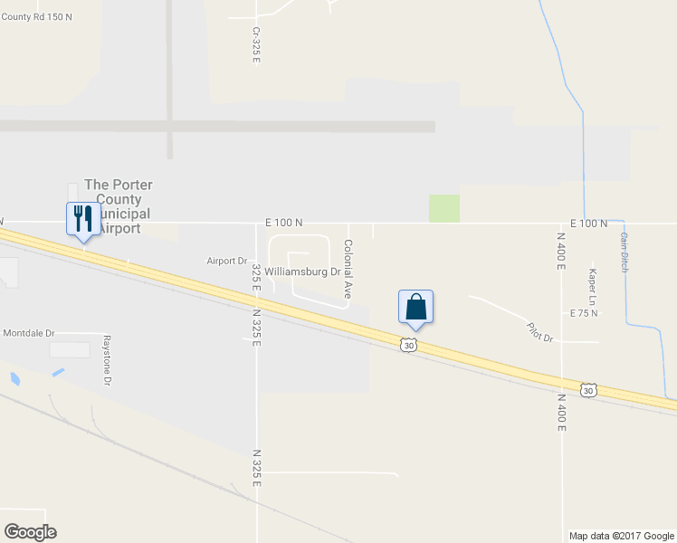 map of restaurants, bars, coffee shops, grocery stores, and more near 298 Williamsburg Drive in Valparaiso