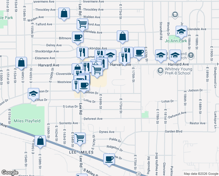 map of restaurants, bars, coffee shops, grocery stores, and more near 4133 Busa Oval in Cleveland