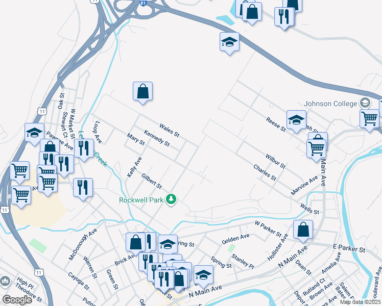 map of restaurants, bars, coffee shops, grocery stores, and more near 2313 Rockwell Avenue in Scranton