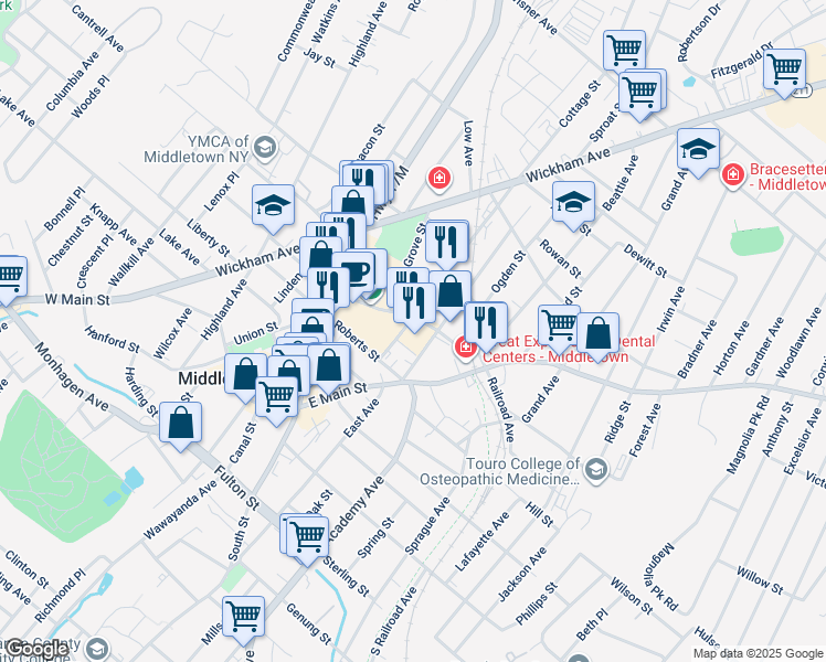 map of restaurants, bars, coffee shops, grocery stores, and more near 39-47 Railroad Avenue in Middletown