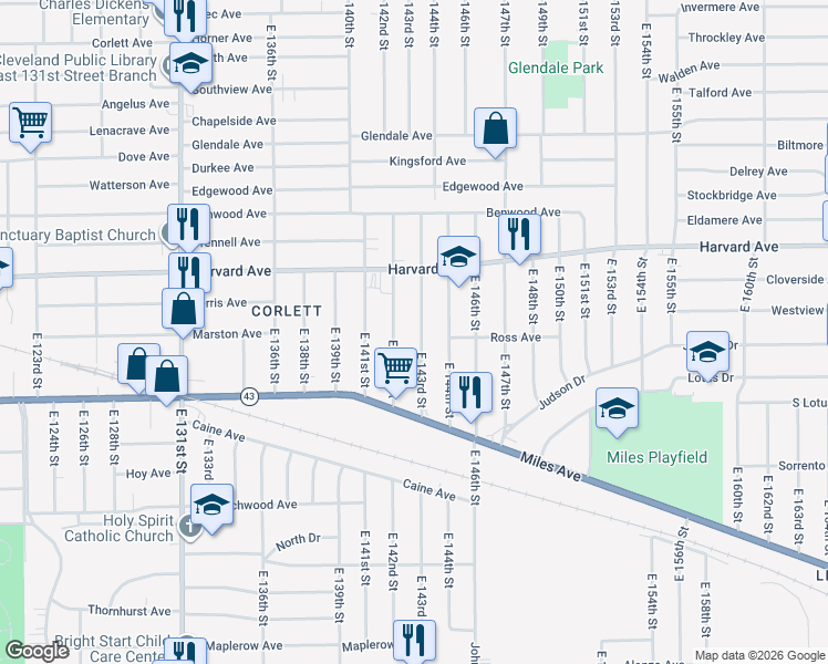 map of restaurants, bars, coffee shops, grocery stores, and more near 4086 East 143rd Street in Cleveland