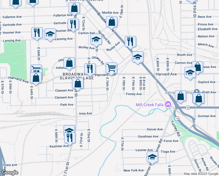 map of restaurants, bars, coffee shops, grocery stores, and more near 4074 East 76th Street in Cleveland