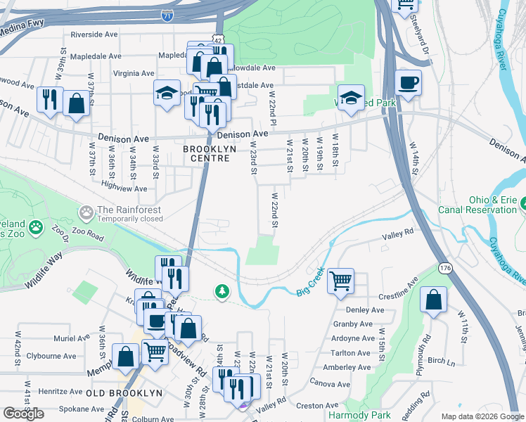 map of restaurants, bars, coffee shops, grocery stores, and more near 3937 West 23rd Street in Cleveland