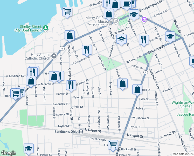 map of restaurants, bars, coffee shops, grocery stores, and more near 622 McDonough Street in Sandusky