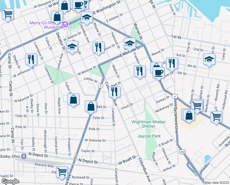 map of restaurants, bars, coffee shops, grocery stores, and more near 132 Neil Street in Sandusky
