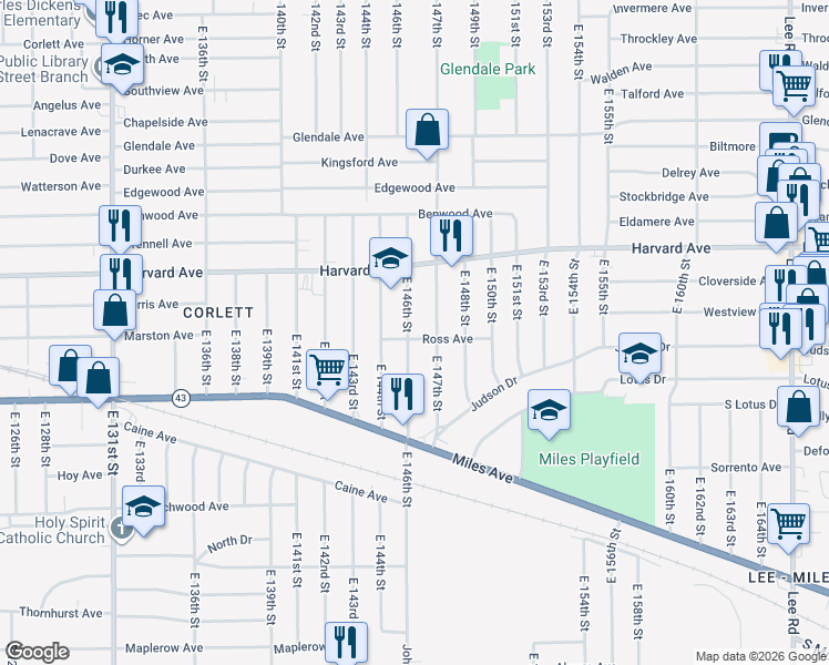 map of restaurants, bars, coffee shops, grocery stores, and more near 4115 East 146th Street in Cleveland