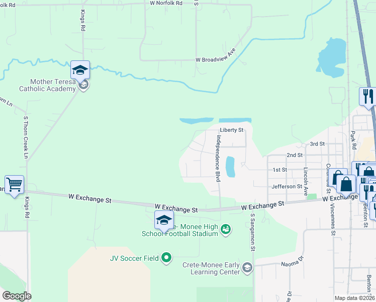 map of restaurants, bars, coffee shops, grocery stores, and more near 24380 Liberty Street in Crete