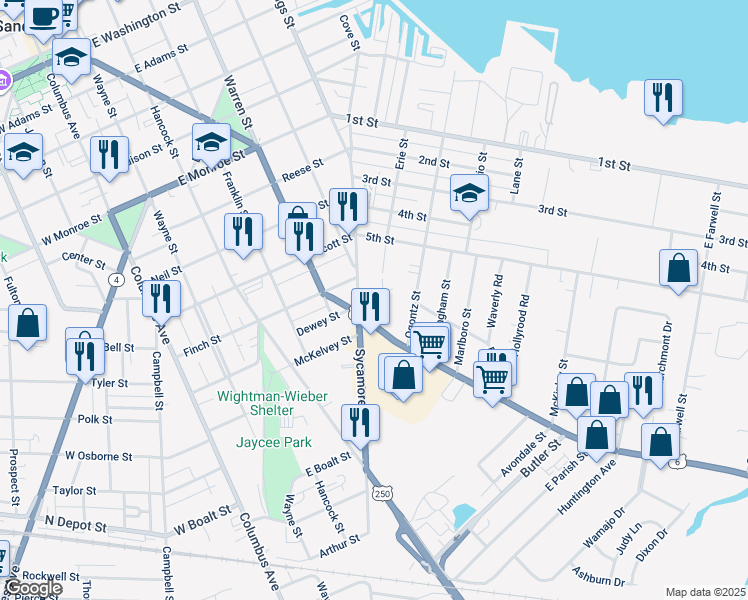 map of restaurants, bars, coffee shops, grocery stores, and more near 1202 Sycamore Line in Sandusky