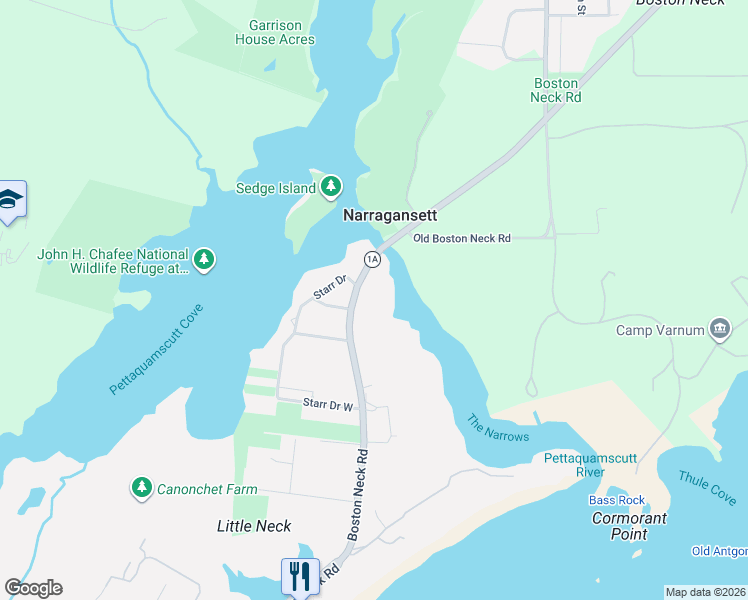 map of restaurants, bars, coffee shops, grocery stores, and more near 295 Boston Neck Road in Narragansett