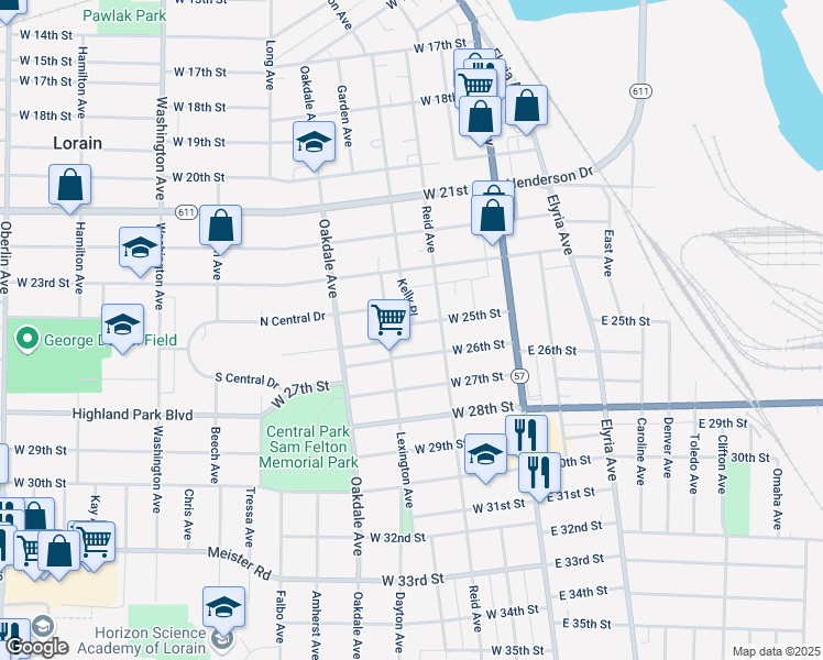 map of restaurants, bars, coffee shops, grocery stores, and more near 2405 Lexington Avenue in Lorain