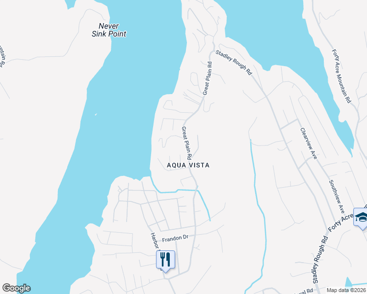 map of restaurants, bars, coffee shops, grocery stores, and more near 1A Lakeview Drive in Danbury