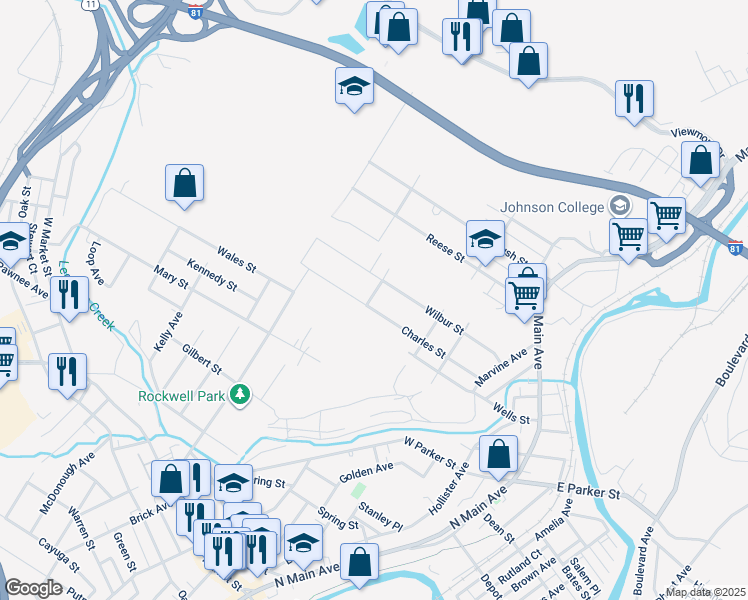 map of restaurants, bars, coffee shops, grocery stores, and more near 332 Charles Street in Scranton