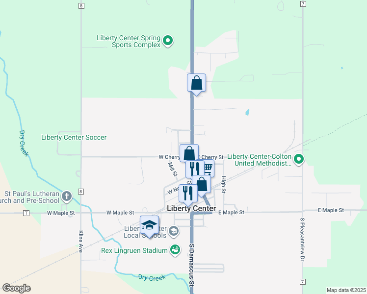 map of restaurants, bars, coffee shops, grocery stores, and more near 603 East Street in Liberty Center
